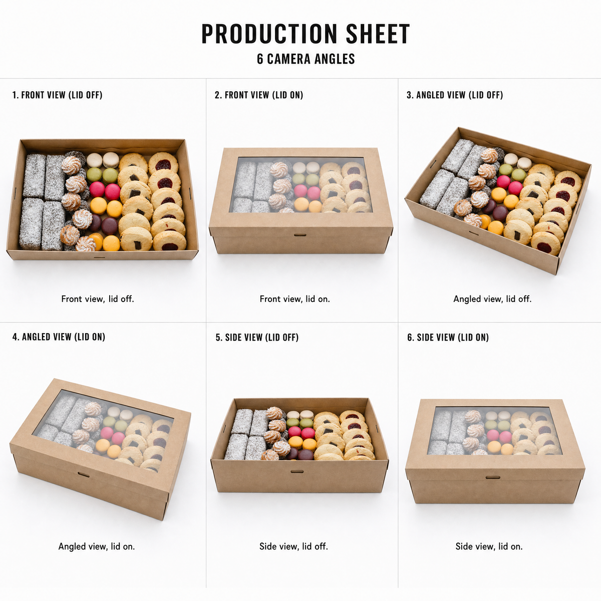 Mr T's Bakery Sweet High Tea Collection - 40 pieces/box (VEG) — multi-angle product sheet showing the catering box from several angles. Brisbane corporate &amp; event catering.