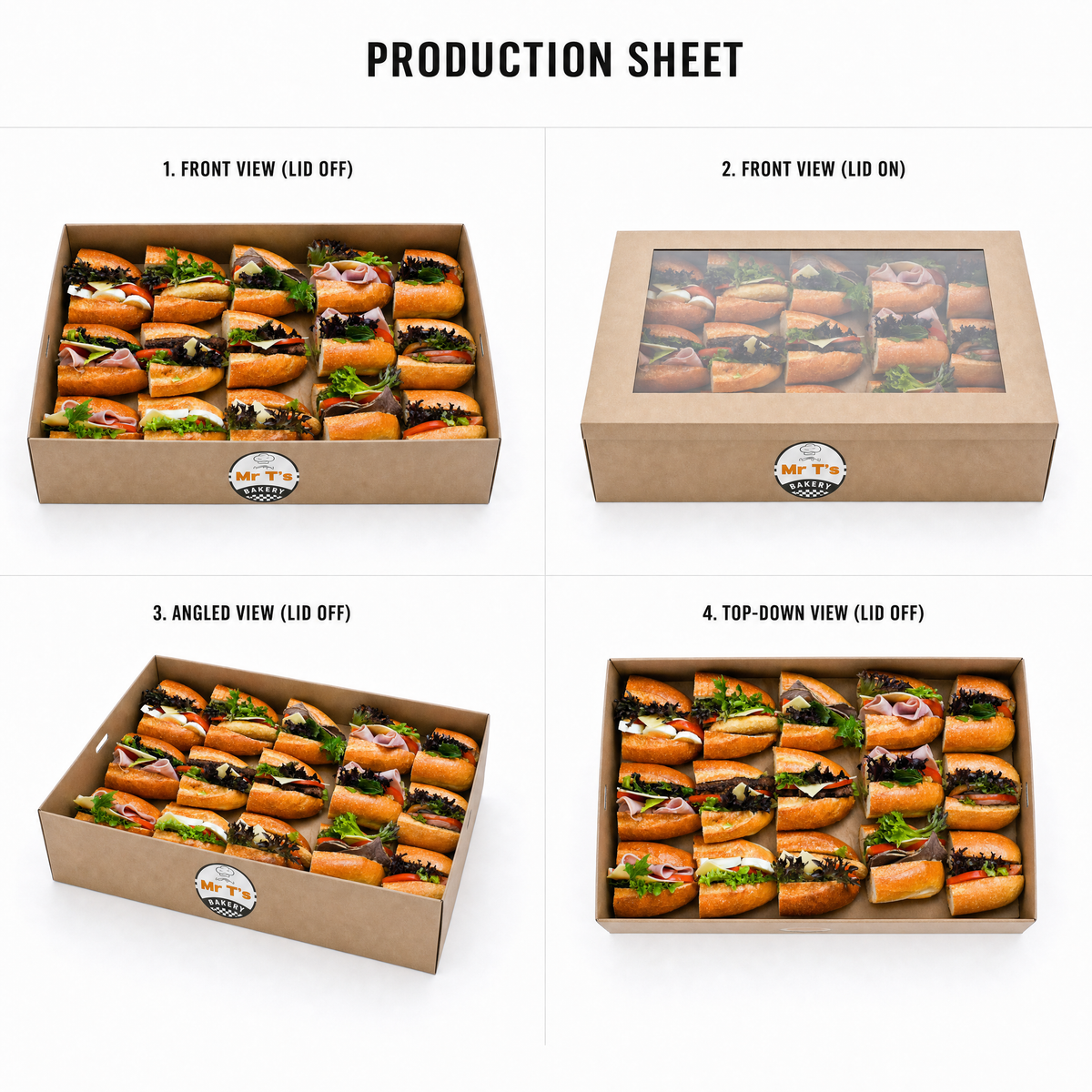 Mr T's Bakery Tasty Sub Sandwiches - By Serves — multi-angle product sheet showing the catering box from several angles. Brisbane corporate &amp; event catering.