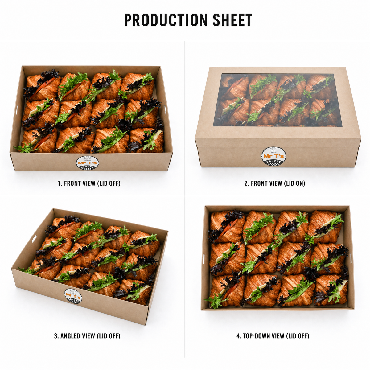 Mr T's Bakery Mini Vegetarian Croissants Box - 12 Croissants/Box (VEG) — multi-angle product sheet showing the catering box from several angles. Brisbane corporate &amp; event catering.