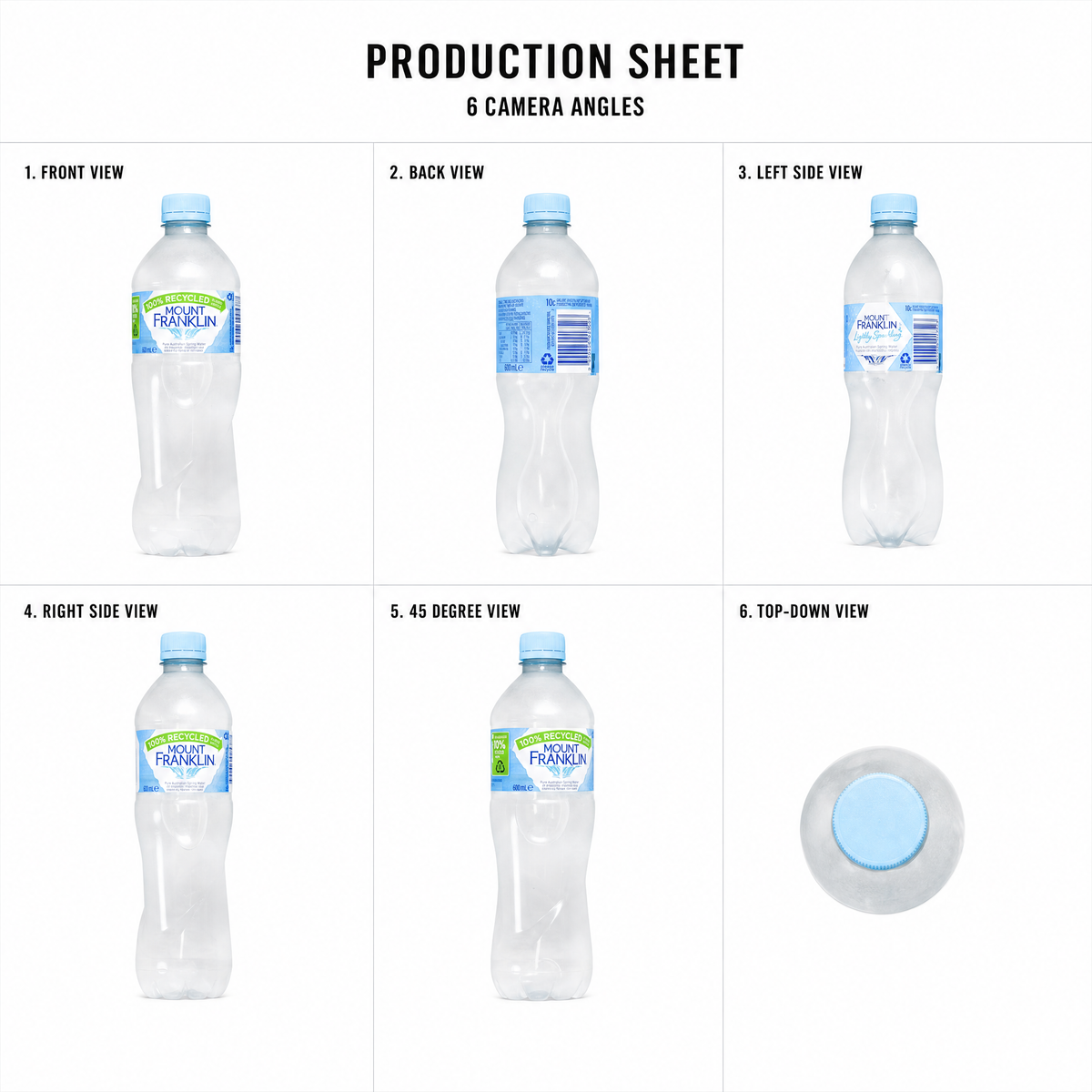 Mr T's Bakery Water 600ml/Sparkling Water 450ml Bottle — multi-angle product sheet showing the drink from several angles. Brisbane catering drinks.