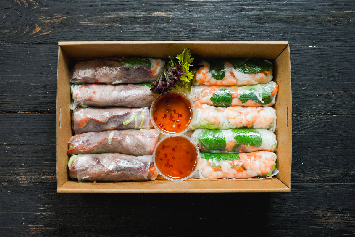 bbq pork and prawn rice paper rolls platter