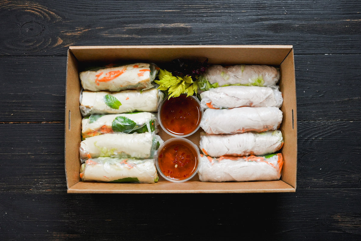 gluten-free tofu and chicken rice paper rolls platter