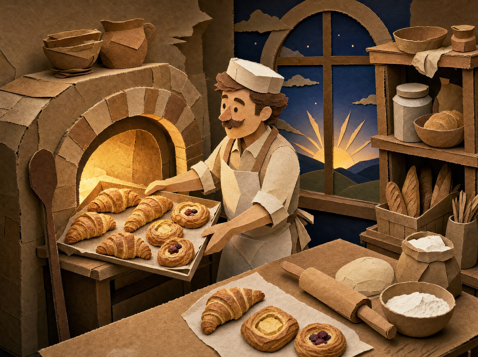 Papercraft scene of a baker taking croissants from the oven at dawn