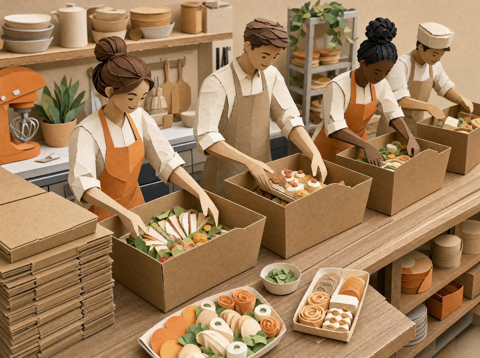 Papercraft scene of a bakery team packing catering boxes