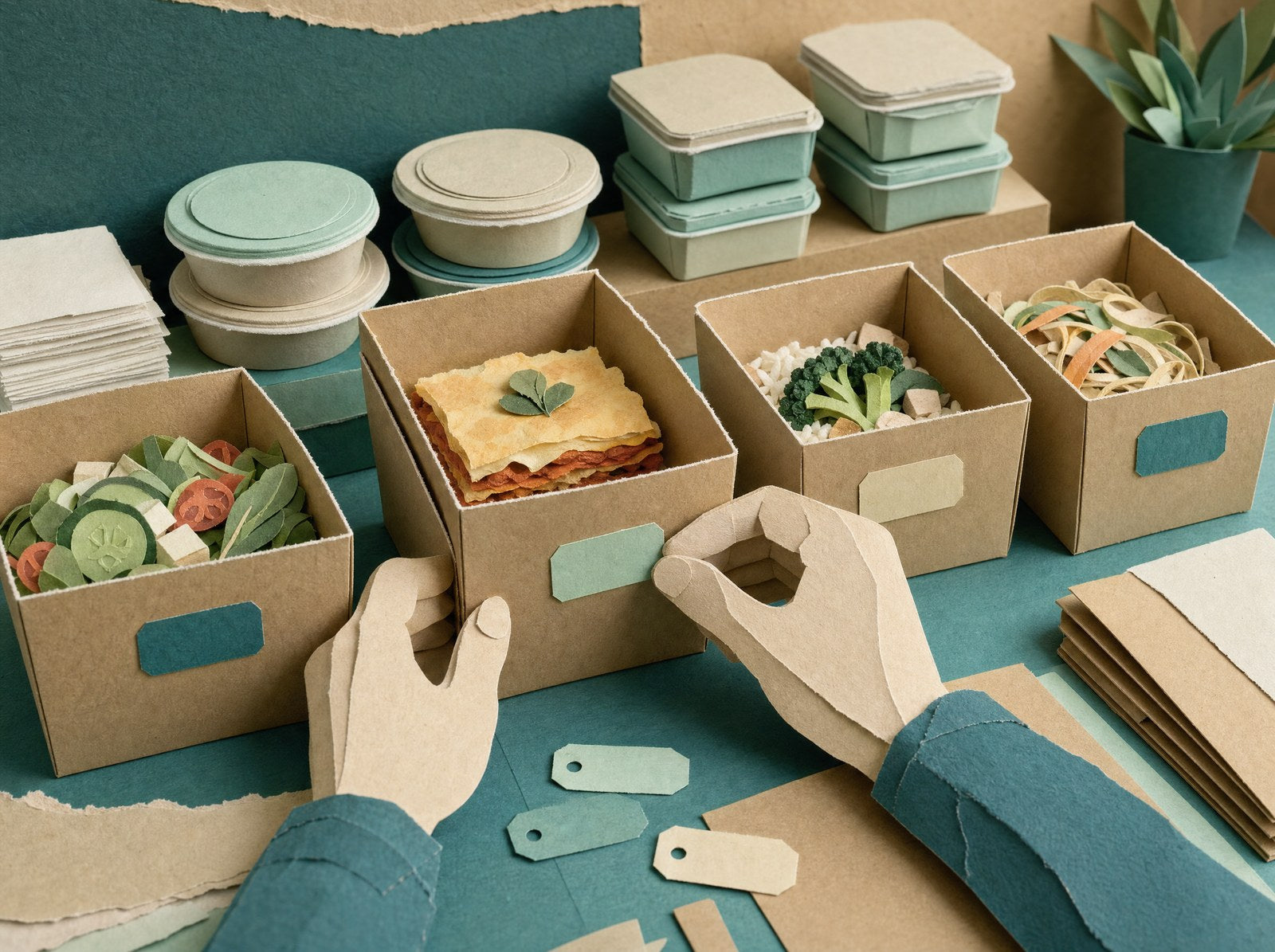 Papercraft scene of catering boxes being labelled for dietary needs