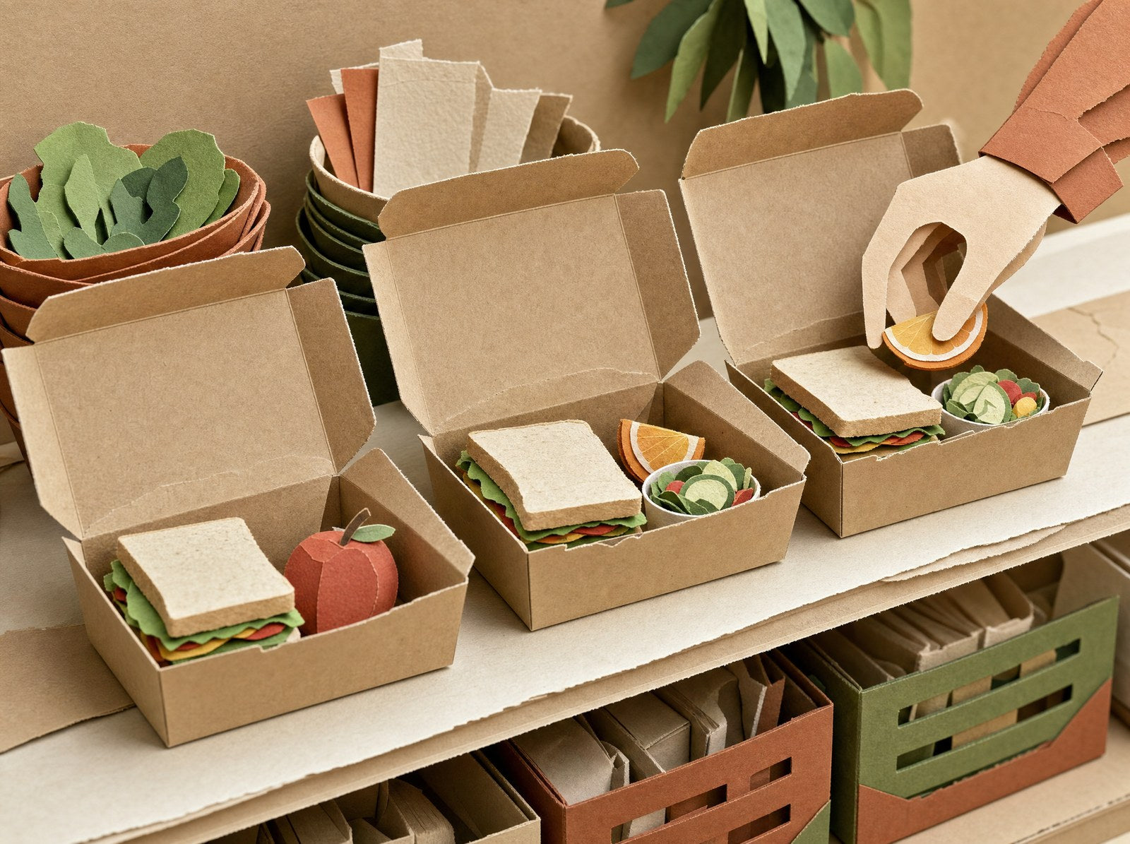Papercraft scene of individual lunch boxes being packed