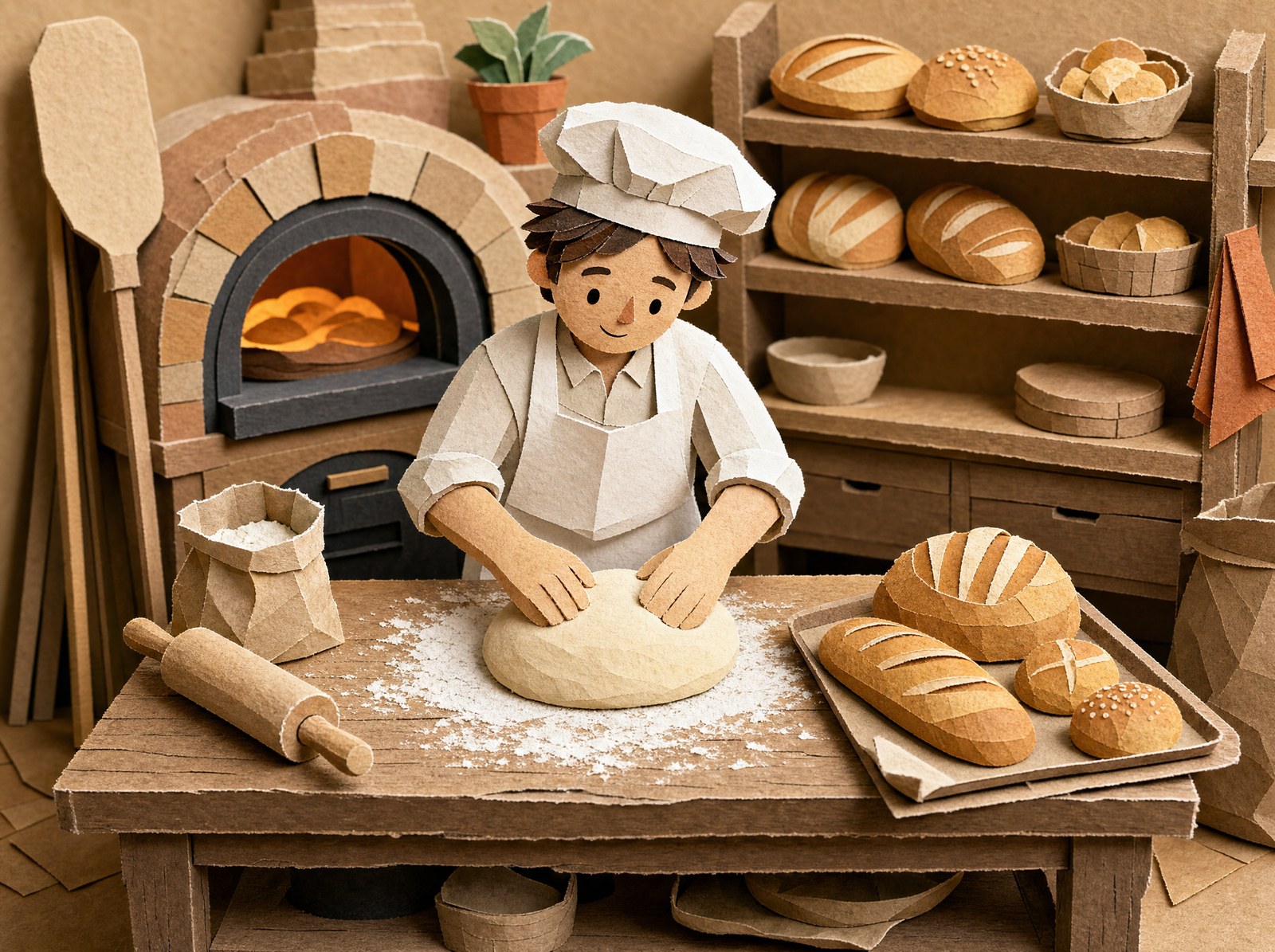 Papercraft scene of a baker working dough on a bakery bench